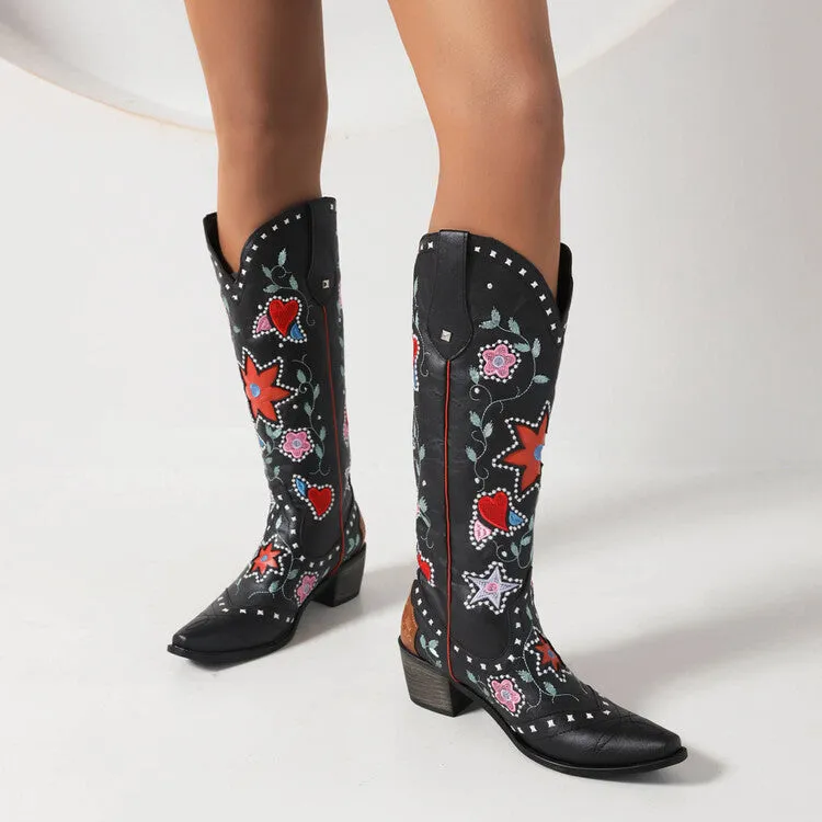 Women's Ethnic Love Hearts  Printed Low Heels Cowboy Mid Calf Boots