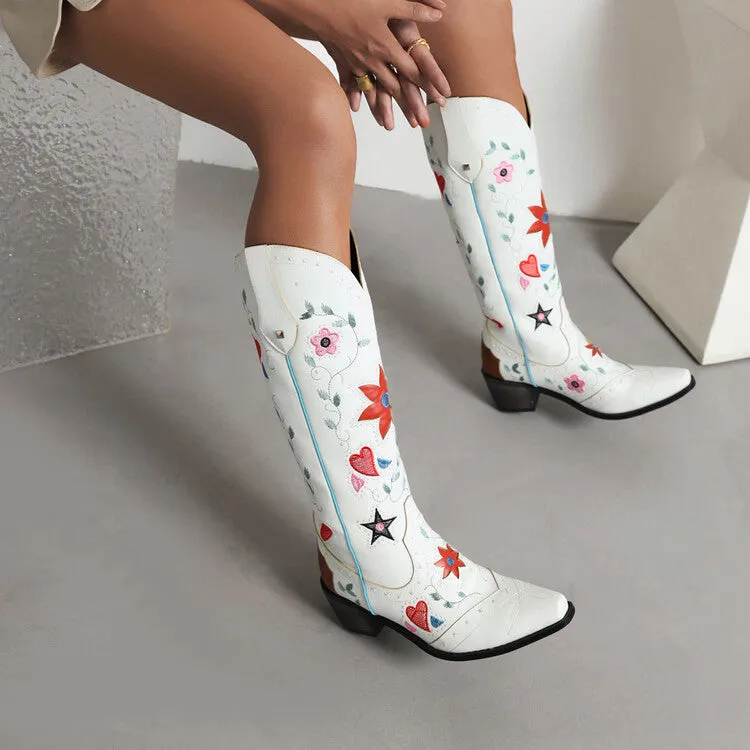 Women's Ethnic Love Hearts  Printed Low Heels Cowboy Mid Calf Boots