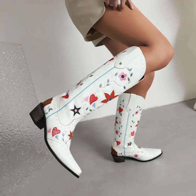 Women's Ethnic Love Hearts  Printed Low Heels Cowboy Mid Calf Boots