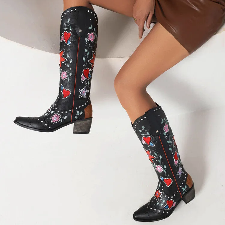 Women's Ethnic Love Hearts  Printed Low Heels Cowboy Mid Calf Boots