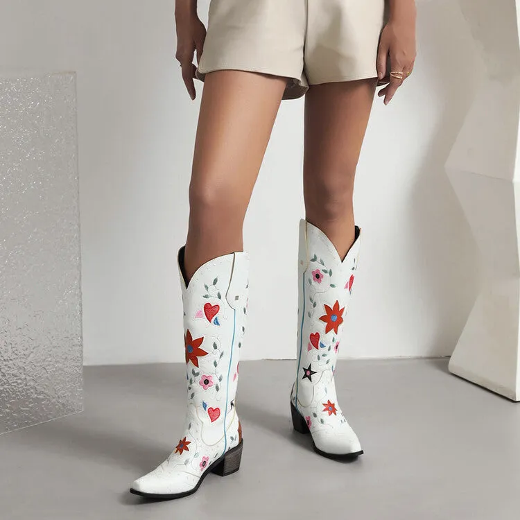 Women's Ethnic Love Hearts  Printed Low Heels Cowboy Mid Calf Boots