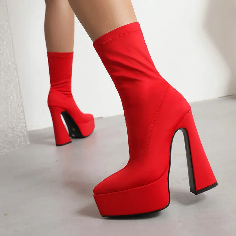 Women's Flock Pointed Toe Stretch Spool Heel Platform Mid-calf Boots