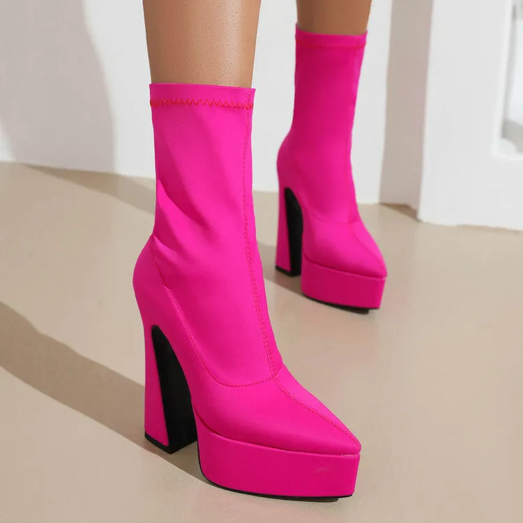 Women's Flock Pointed Toe Stretch Spool Heel Platform Mid-calf Boots