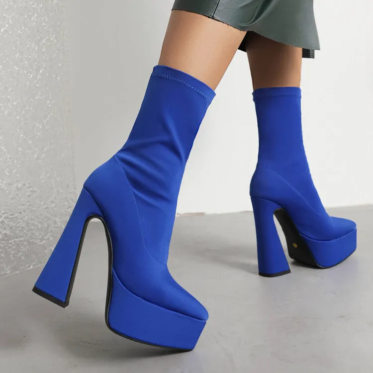 Women's Flock Pointed Toe Stretch Spool Heel Platform Mid-calf Boots