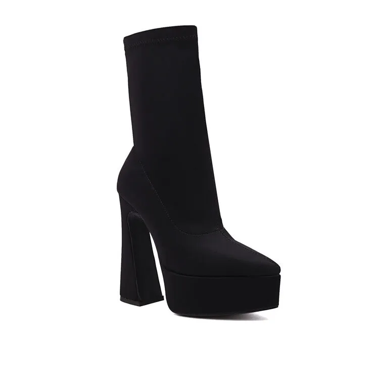 Women's Flock Pointed Toe Stretch Spool Heel Platform Mid-calf Boots