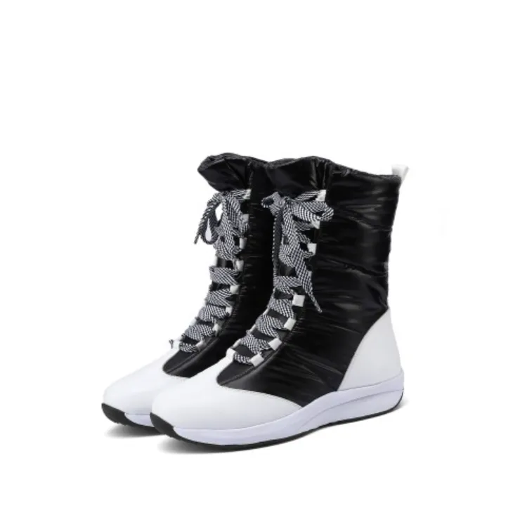 Women's Leather Wedges Heels Winter Down Mid Calf Snow Boots