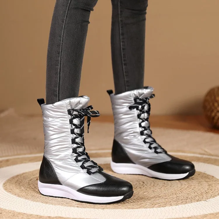 Women's Leather Wedges Heels Winter Down Mid Calf Snow Boots