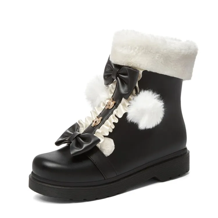 Women's Lolita Pu Leather Round Toe Lace Bow Tie Fur Ball Flat Platform Ankle Boots