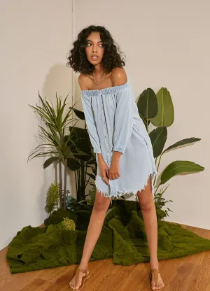 Women's Off Shoulder Raw Hem Denim Dress