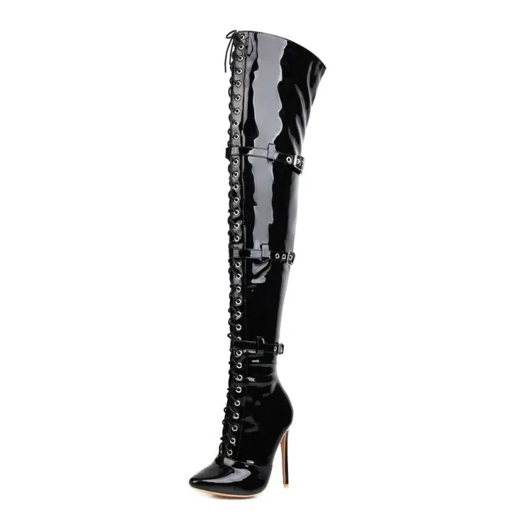 Women's Patent Leather Pointed Toe Lace Up Buckles Belts Stiletto Heel Over the Knee Boots