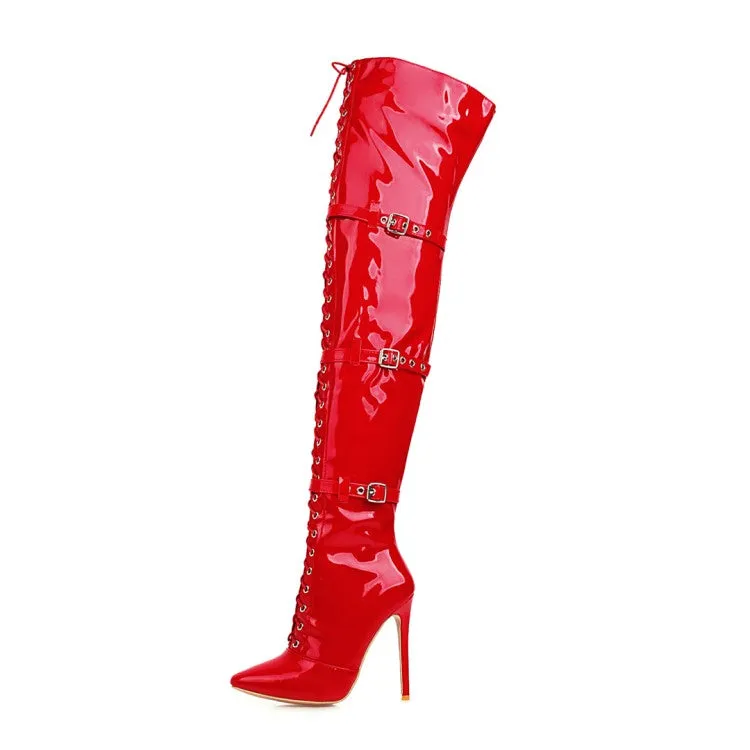 Women's Patent Leather Pointed Toe Lace Up Buckles Belts Stiletto Heel Over the Knee Boots