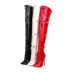 Women's Patent Leather Pointed Toe Lace Up Buckles Belts Stiletto Heel Over the Knee Boots