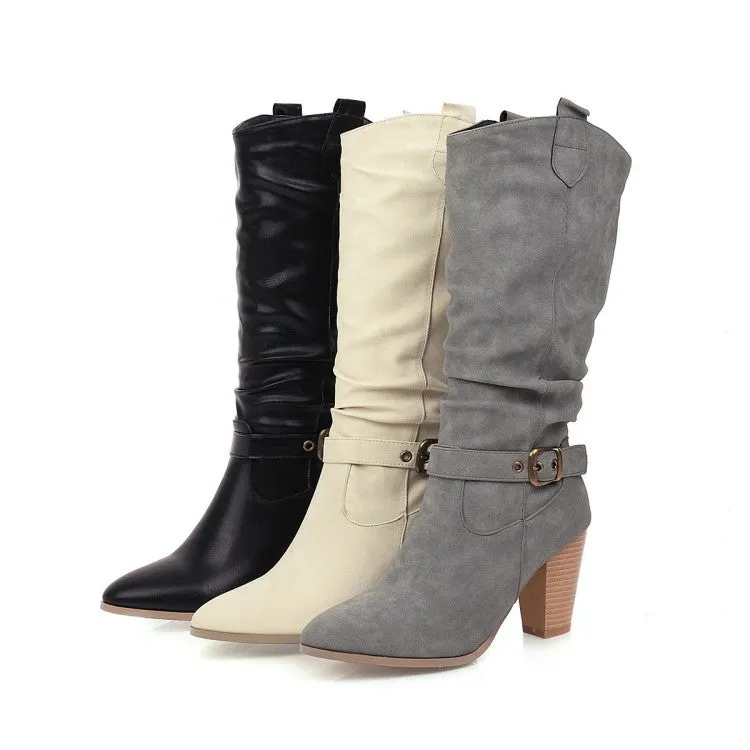 Women's Pointed Toe Block Chunky Heel Buckle Straps Mid-Calf Boots