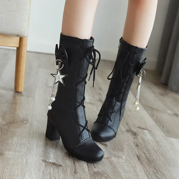 Women's Pu Leather Lace Up Bowtie Stars Tassel Block Heel Mid Calf Boots