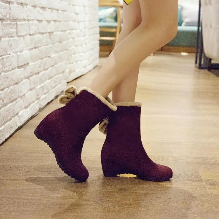 Women's Round Toe Furry Bowtie Inside Heighten Ankle Boots