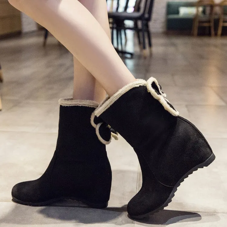 Women's Round Toe Furry Bowtie Inside Heighten Ankle Boots