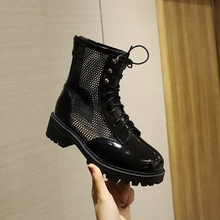 Women's Round Toe Mesh Lace-Up Block Chunky Heel Platform Short Boots