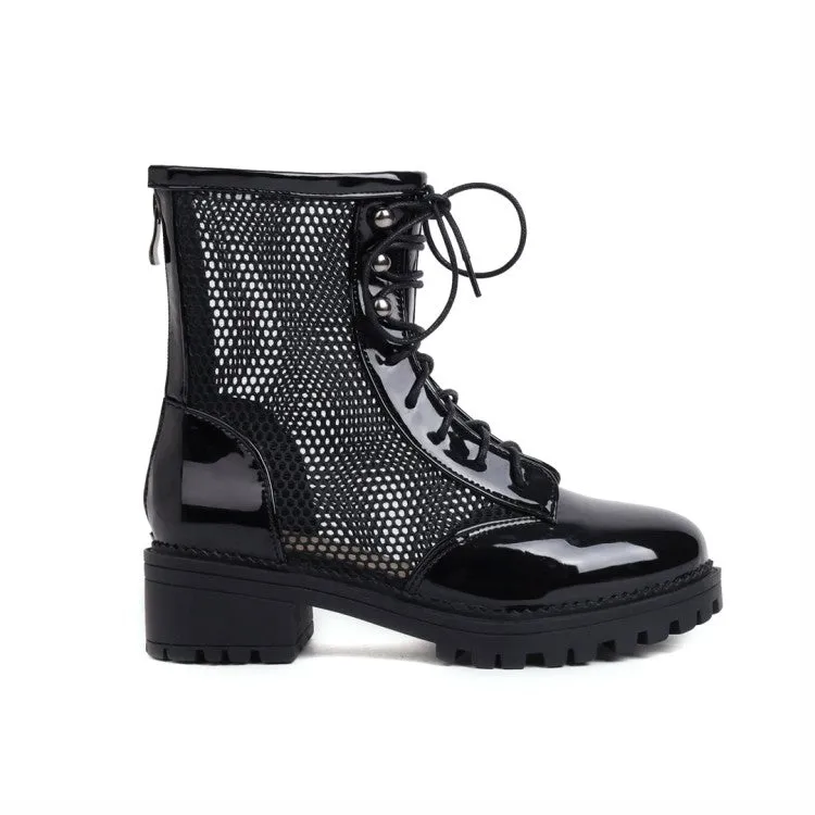 Women's Round Toe Mesh Lace-Up Block Chunky Heel Platform Short Boots