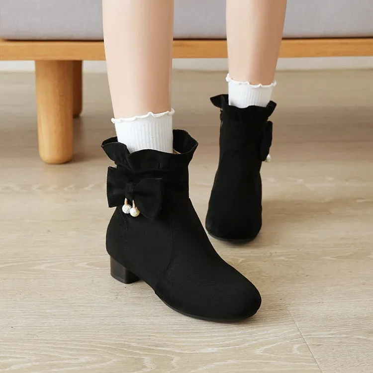 Women's  Ruffle Bowtie Low Heel Short Boots