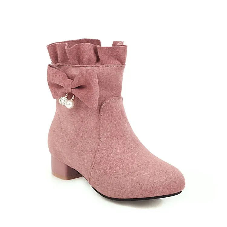 Women's  Ruffle Bowtie Low Heel Short Boots