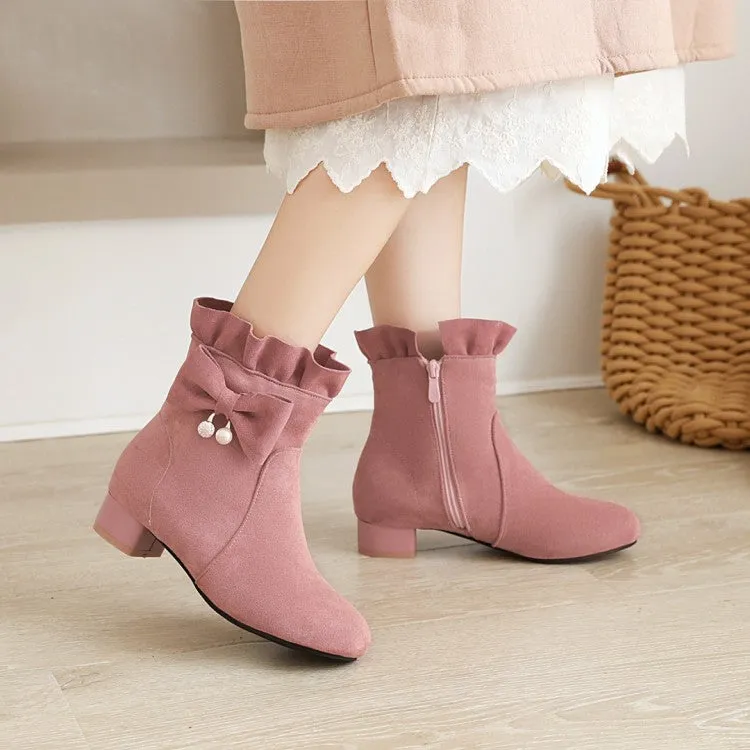 Women's  Ruffle Bowtie Low Heel Short Boots