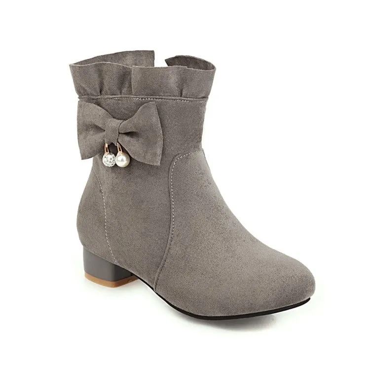 Women's  Ruffle Bowtie Low Heel Short Boots