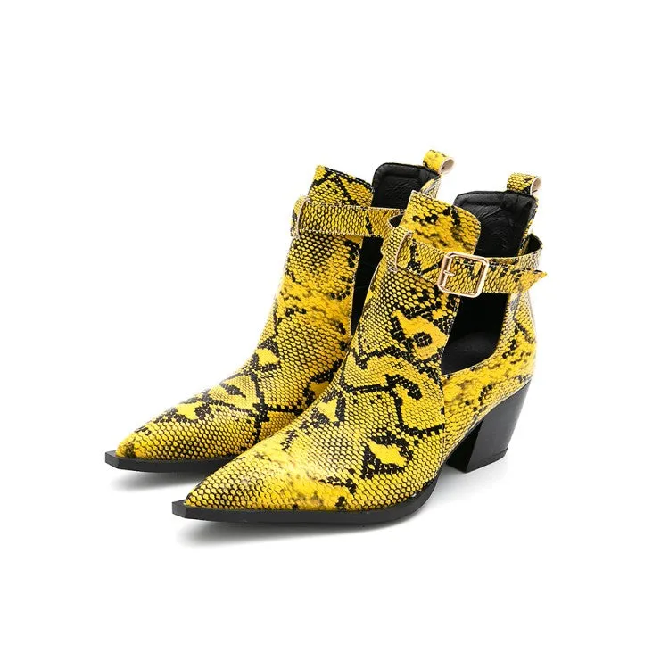 Women's Serpentinite Pointed Toe Buckle Straps Block Chunky Heel Short Boots