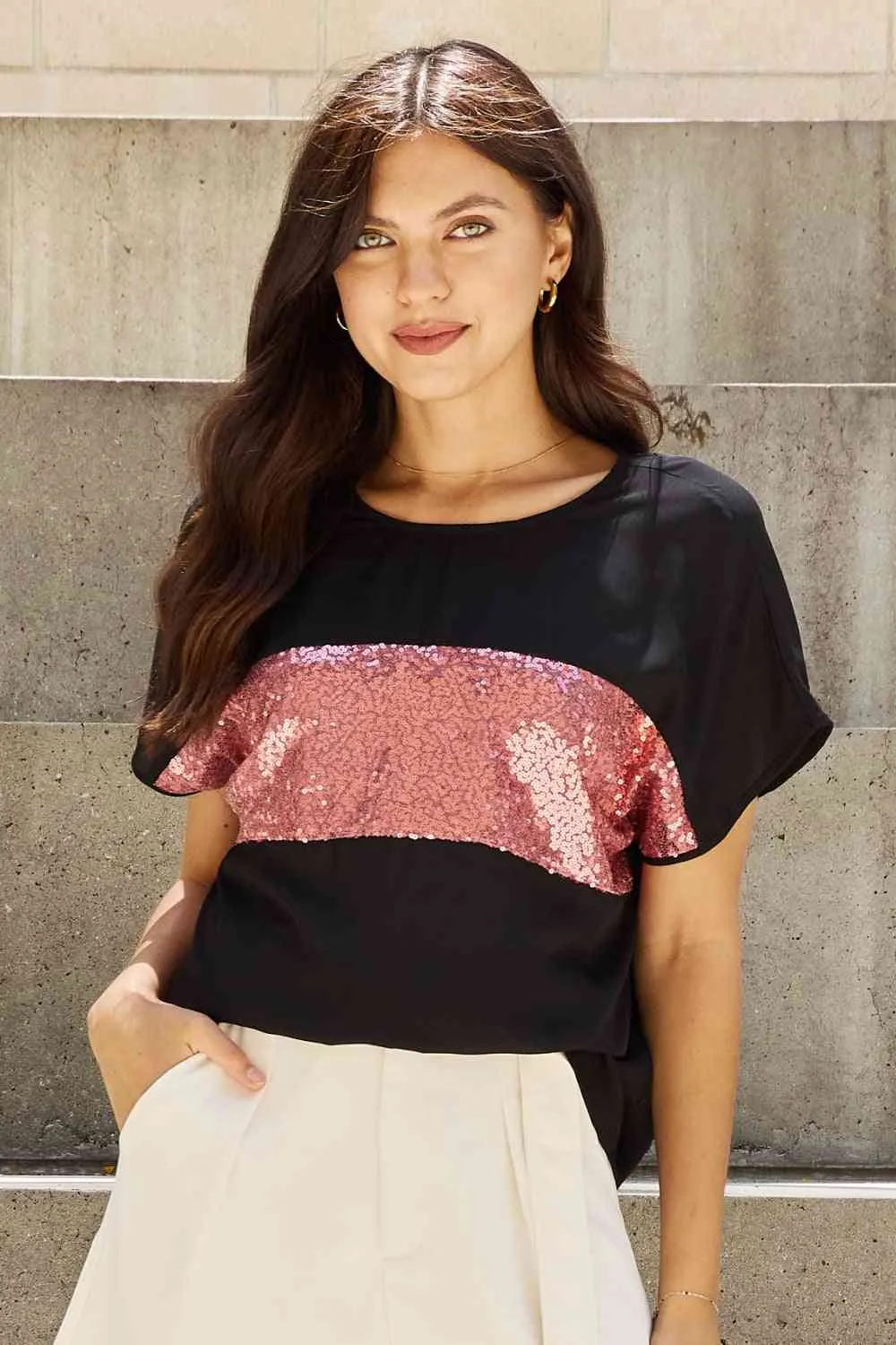 Women's Sew In Love Shine Bright Full Size Center Mesh Sequin Top in Black/Mauve