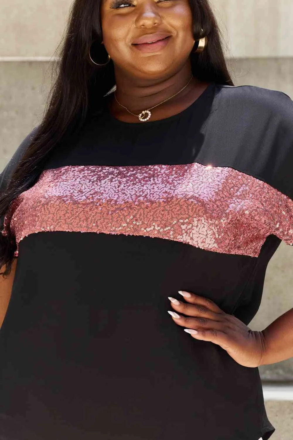 Women's Sew In Love Shine Bright Full Size Center Mesh Sequin Top in Black/Mauve