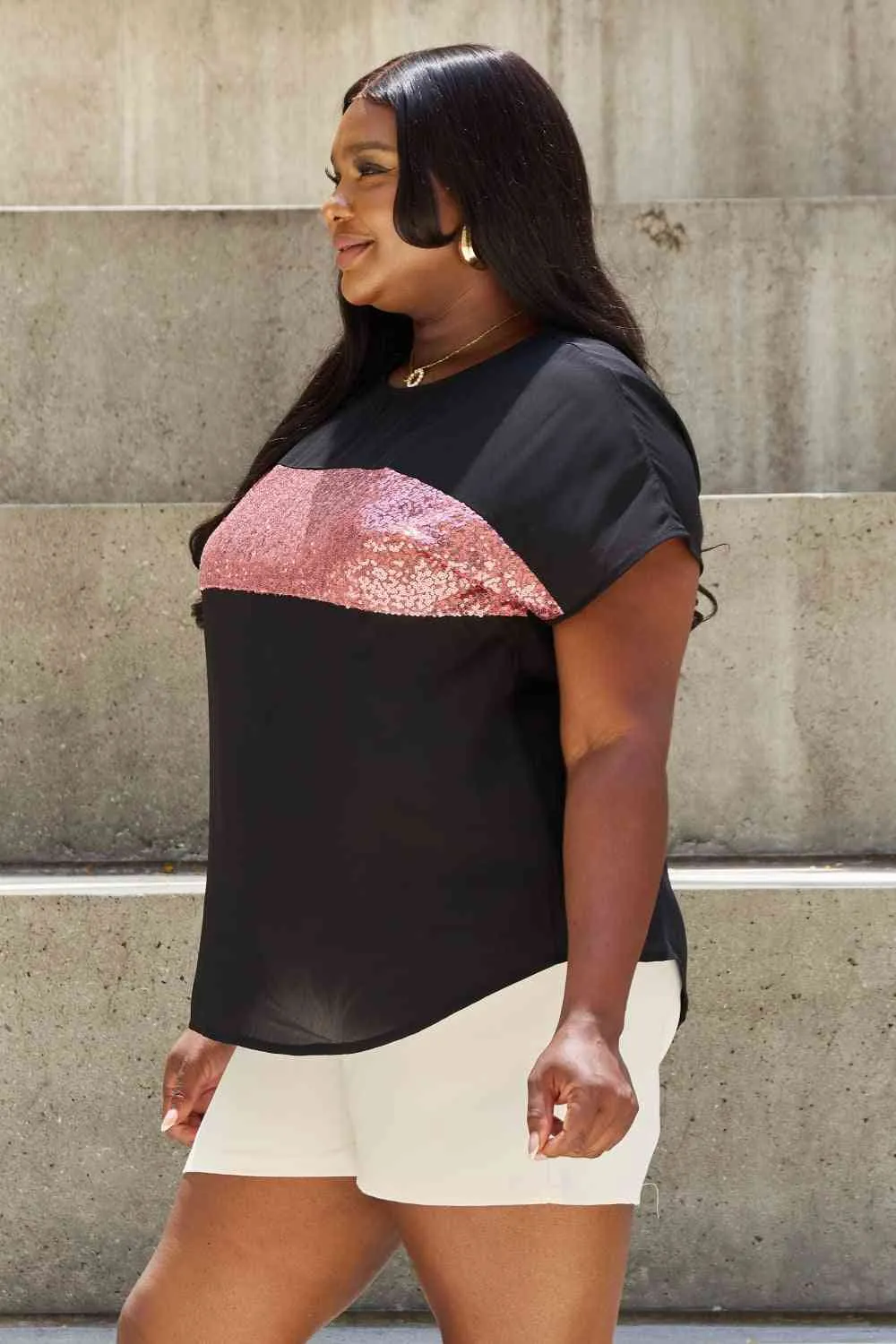 Women's Sew In Love Shine Bright Full Size Center Mesh Sequin Top in Black/Mauve