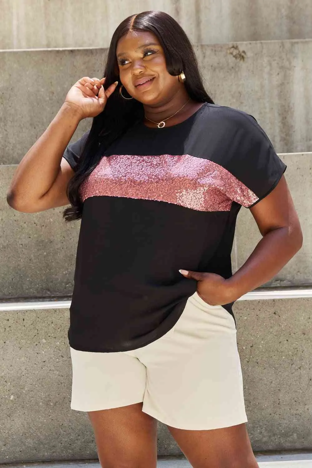 Women's Sew In Love Shine Bright Full Size Center Mesh Sequin Top in Black/Mauve