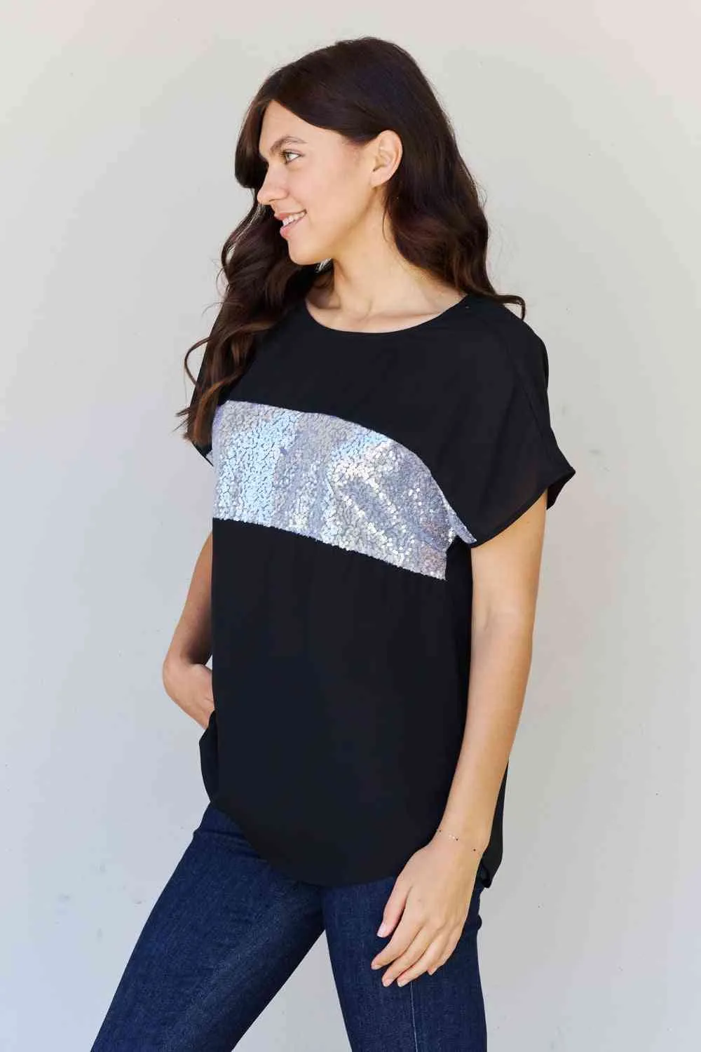 Women's Sew In Love Shine Bright Full Size Center Mesh Sequin Top in Black/Silver