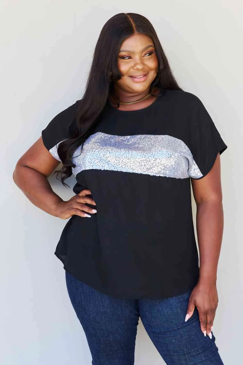 Women's Sew In Love Shine Bright Full Size Center Mesh Sequin Top in Black/Silver