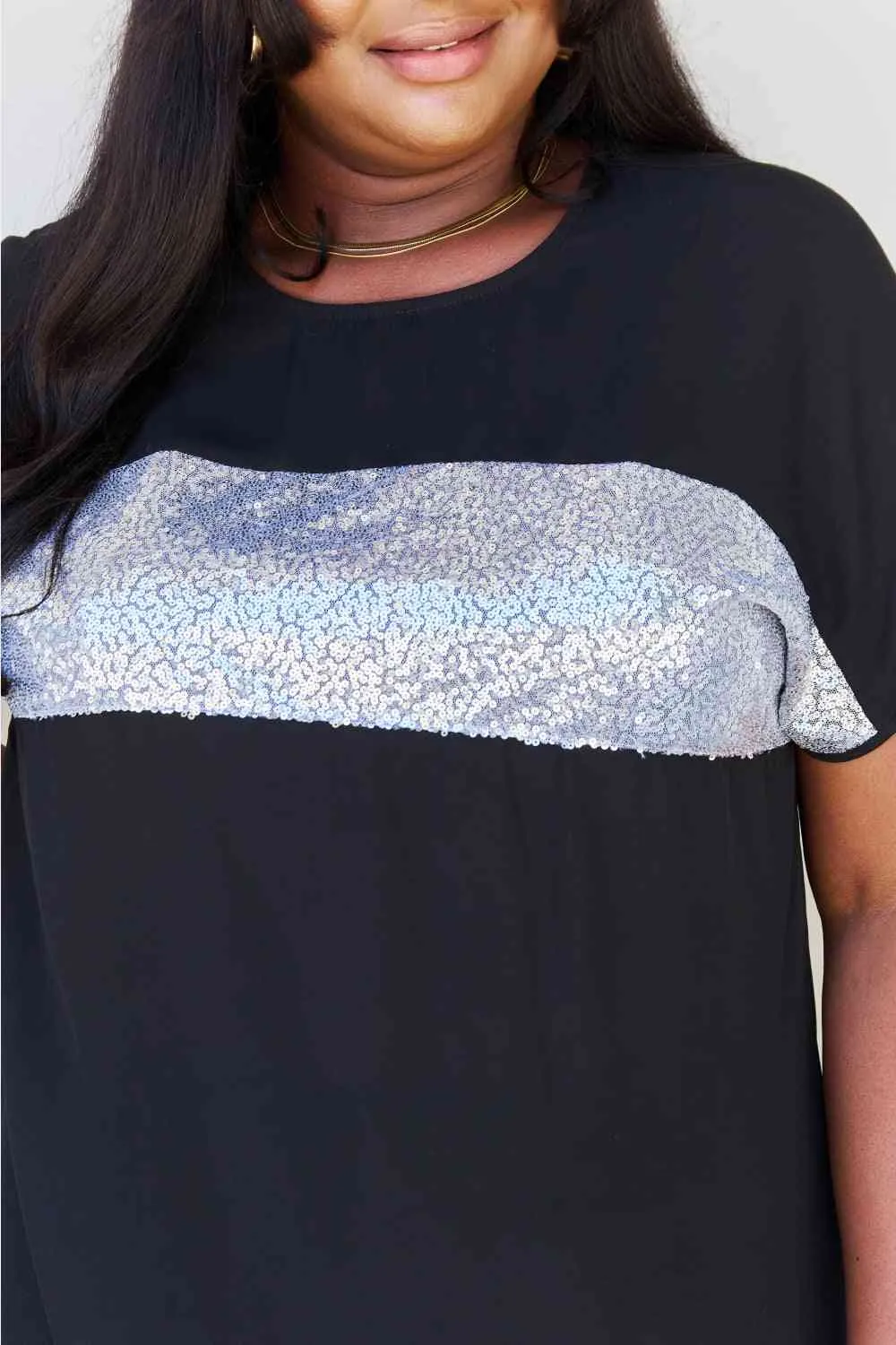 Women's Sew In Love Shine Bright Full Size Center Mesh Sequin Top in Black/Silver