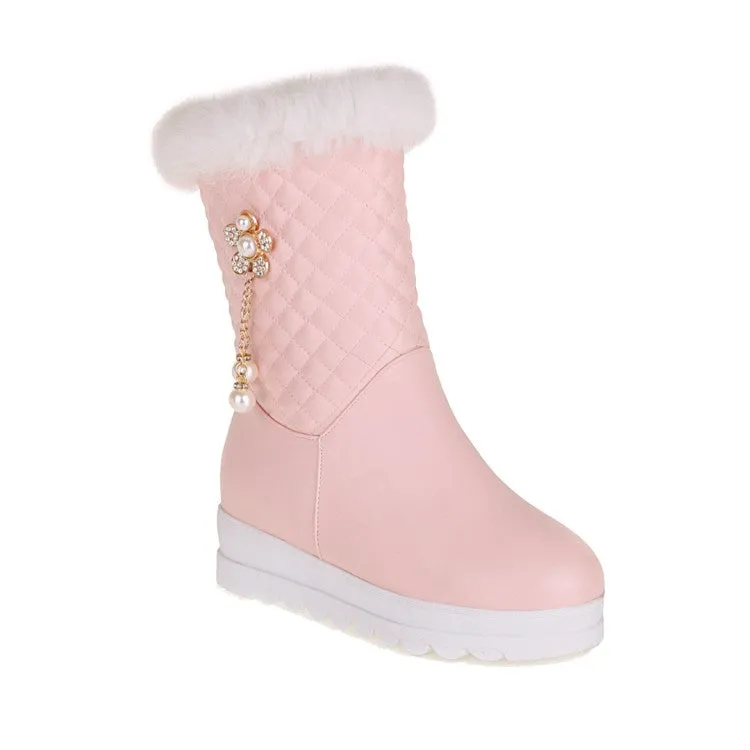 Women's Side Zippers Rhinestone Sunflower Platform Wedge Heel Mid-Calf Snow Boots