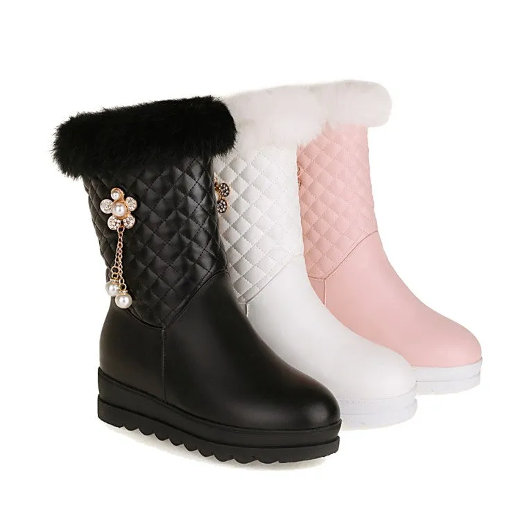 Women's Side Zippers Rhinestone Sunflower Platform Wedge Heel Mid-Calf Snow Boots