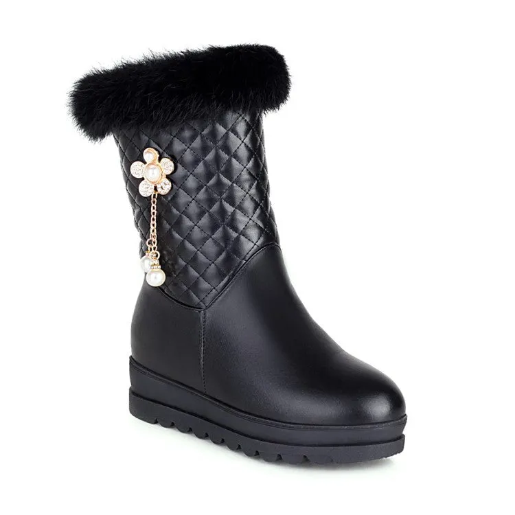 Women's Side Zippers Rhinestone Sunflower Platform Wedge Heel Mid-Calf Snow Boots