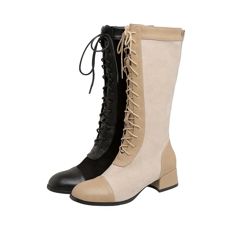 Women's Square Toe Lace-Up Block Chunky Heel Mid Calf Boots