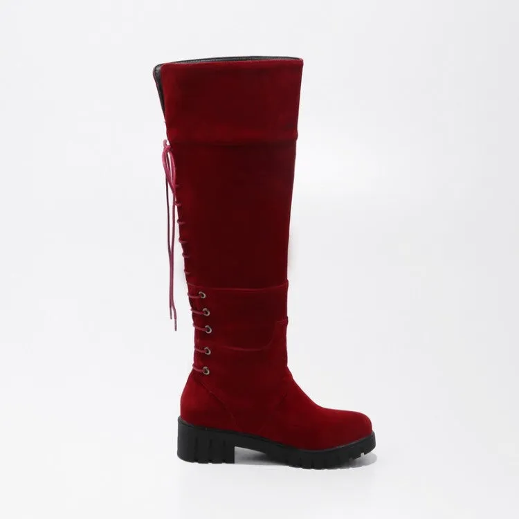 Women's Suede Round Toe Back Tied Lace Up Block Heel Knee High Boots