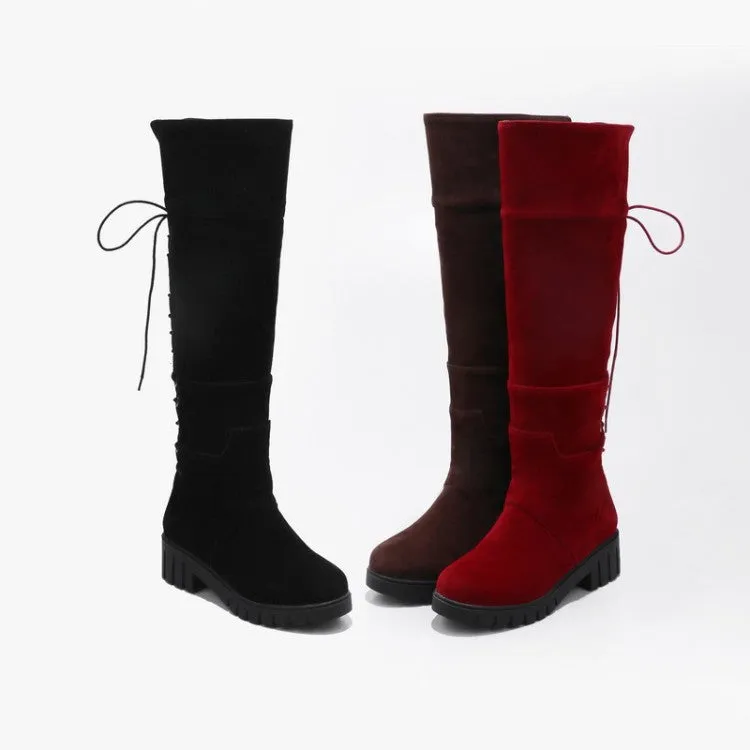 Women's Suede Round Toe Back Tied Lace Up Block Heel Knee High Boots