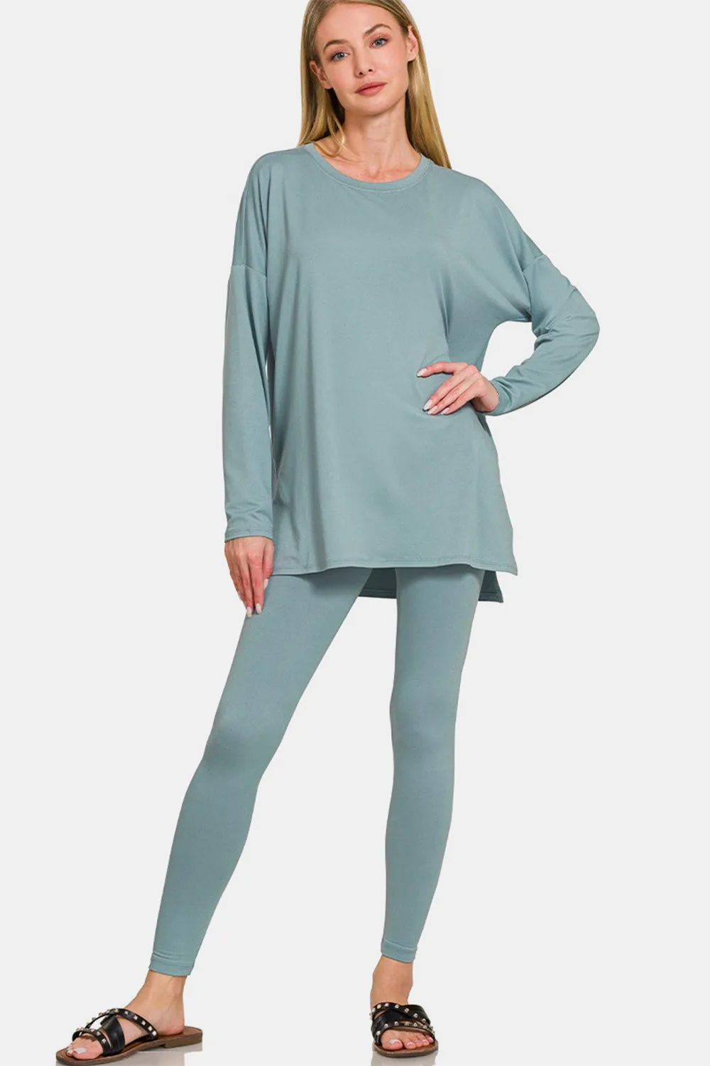 Zenana Buttery Soft Top and Leggings Lounge Set Blue Grey