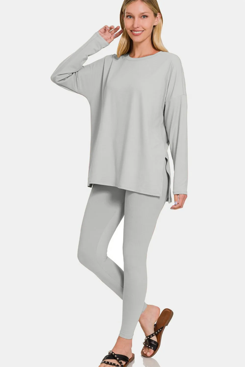 Zenana Buttery Soft Top and Leggings Lounge Set Lt Grey