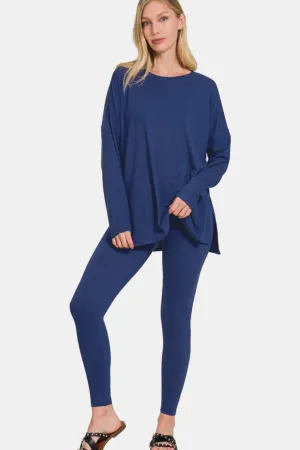 ZENANA Full Size Brushed Microfiber Top and Leggings Lounge Set in Light Navy